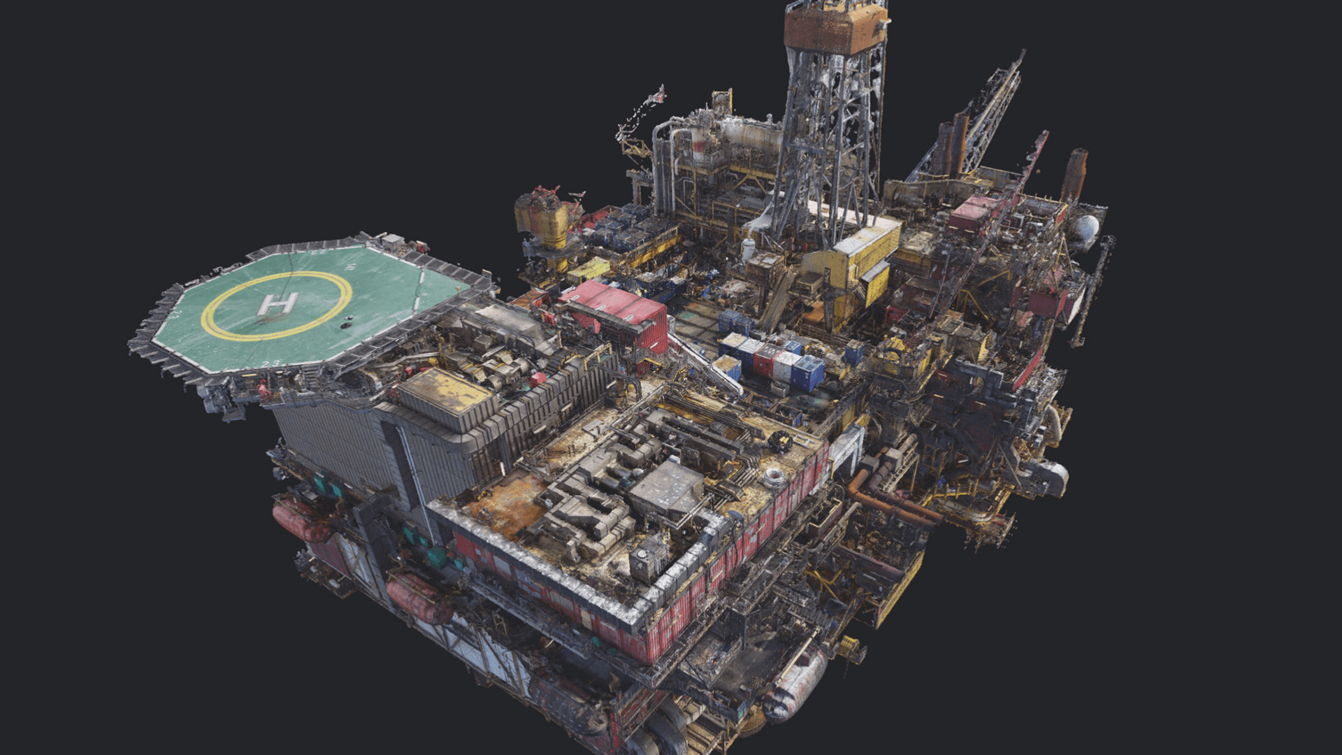 Computer screen displaying 3D model of offshore infrastructure from laser scan data.