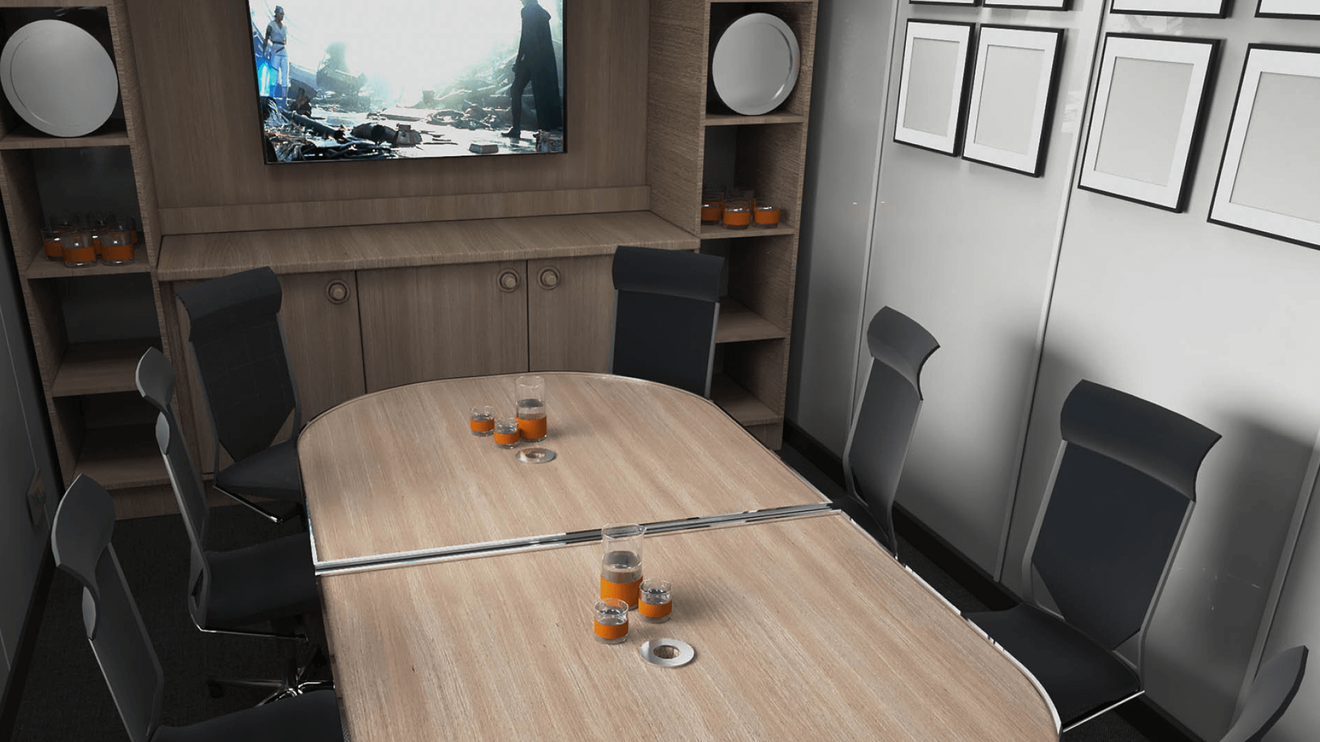 Communal dining area in offshore living quarters unit with round tables and seating for crew members.