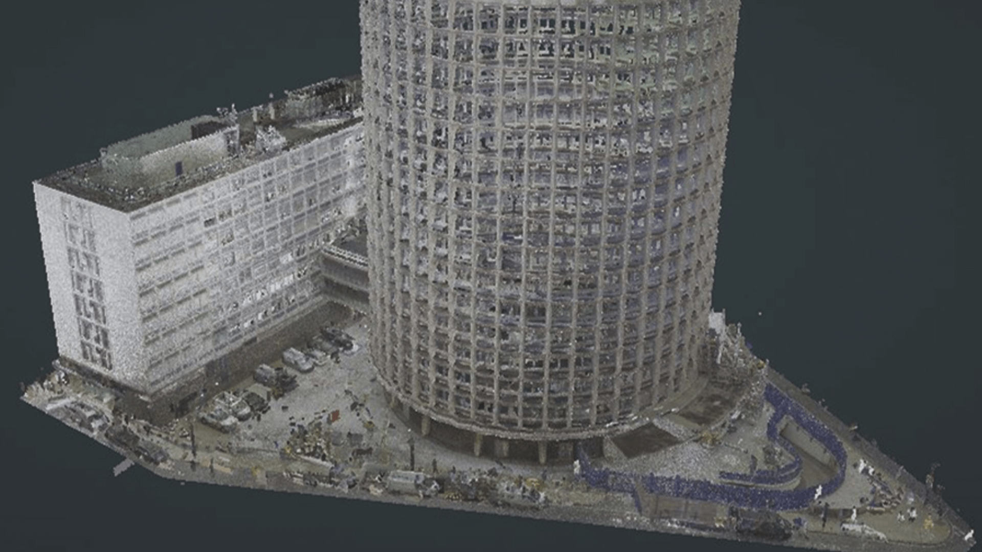 3D laser scan of cylindrical building structure for architectural survey.